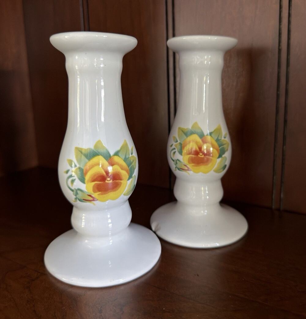 Pair Floral Candlesticks Hand Painted Porcelain JAY Import Co Cottage Decor